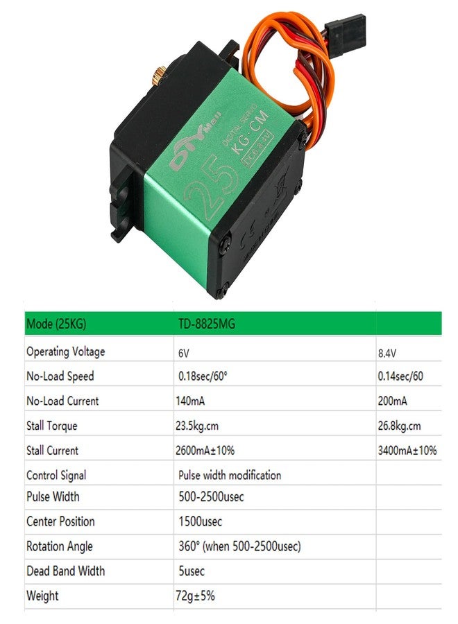 DIYmall TD-8825MG Digital Servo 25kg High Torque 360 Degree Continuous Rotation Angle-uncontrollable 500-2500usec Metal Gear RC Servo for Robot Gimbal Car Aircraft - Image 2